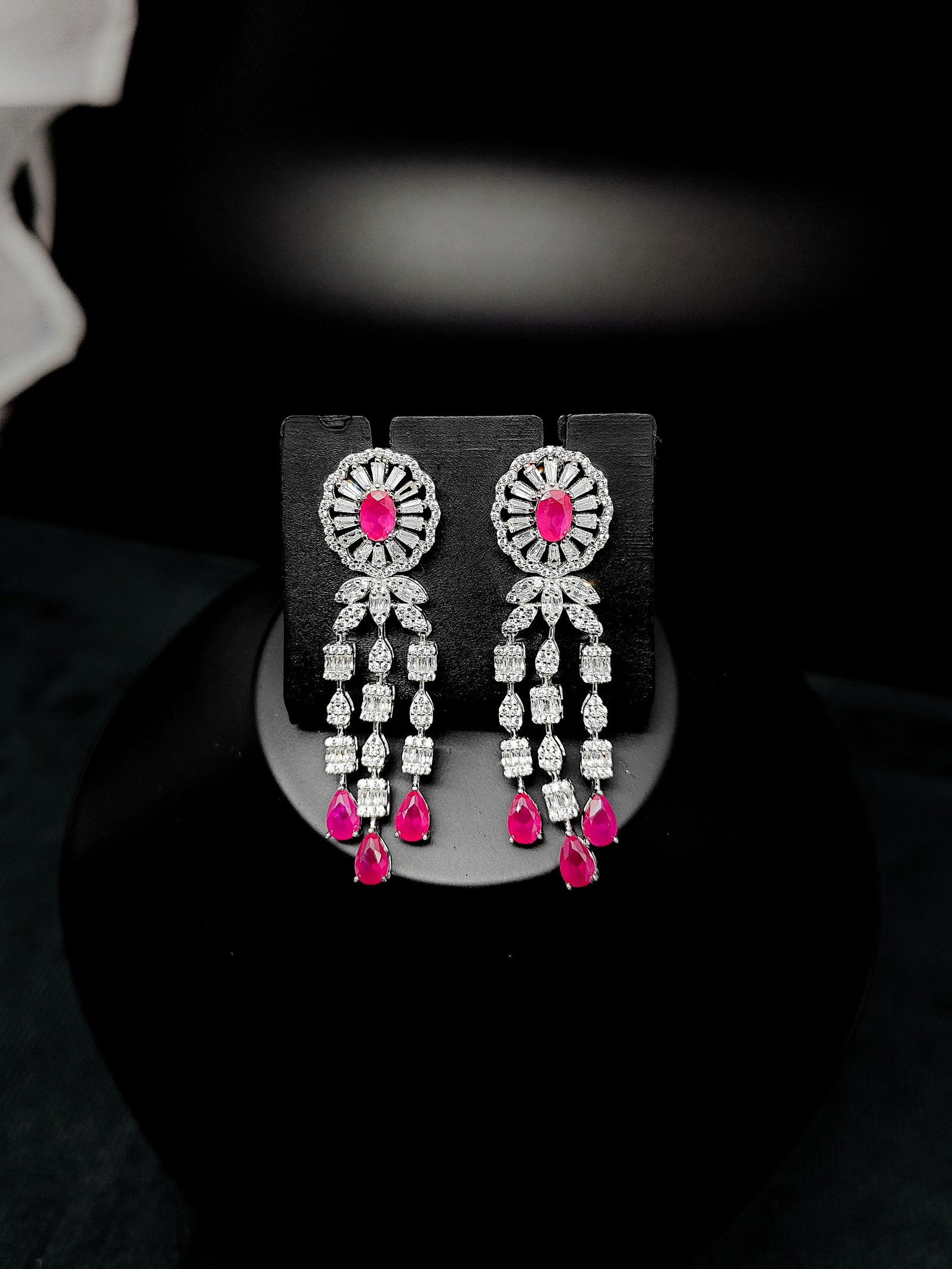 Chandelier earrings with pink drop stones