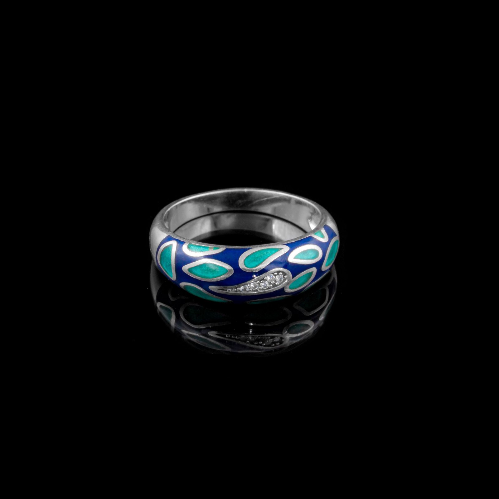 Silver-tone ring with a blue and teal enamel teardrop pattern