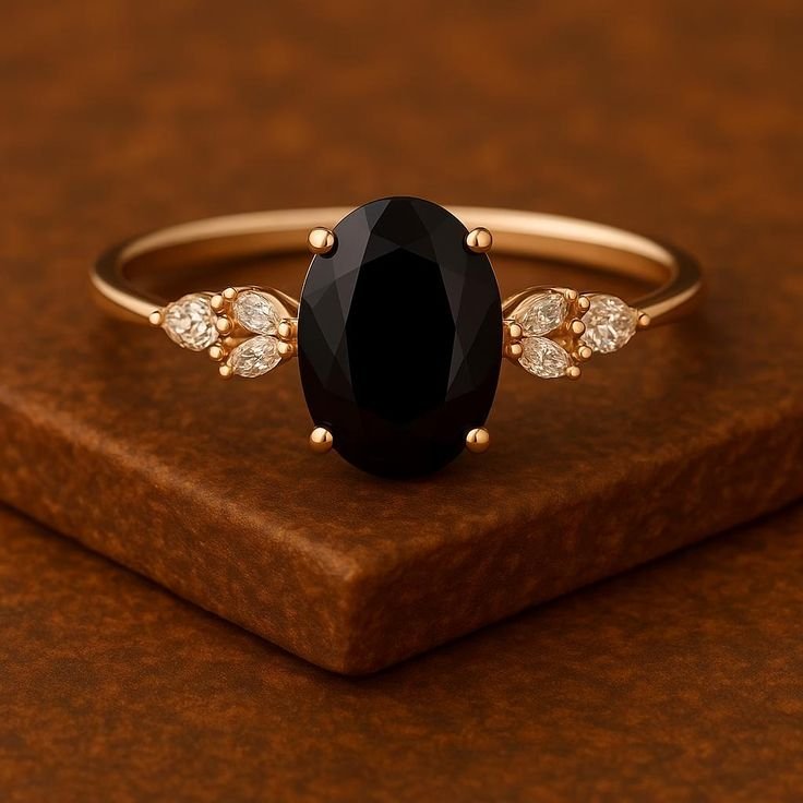 Ring with a black oval stone accented by small clear stones on a gold-toned band