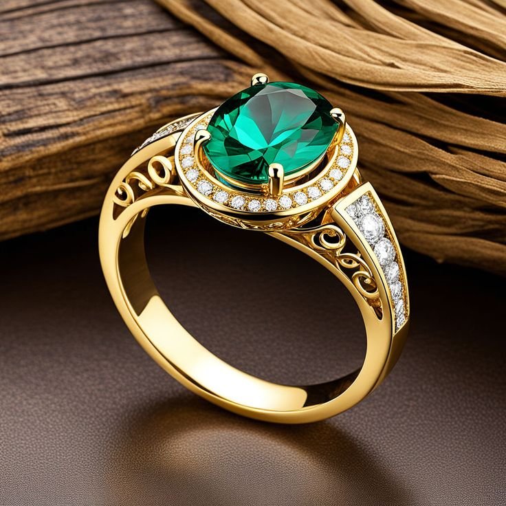 Ring with a green oval stone in a halo setting on an ornate gold-toned band